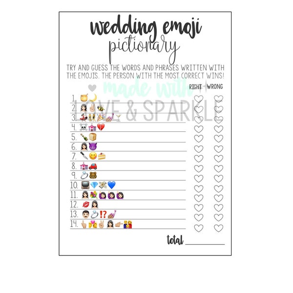 Wedding Emoji Pictionary, Wedding Emoji Game, Bridal Shower Emoji Pictionary, Bridal Shower Printable Game, Printable Bridal Game