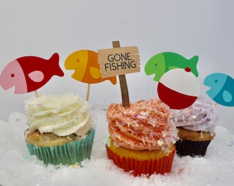 12 ct. Fishing Cupcake Toppers - The Big One Birthday - The Big One Birthday Decorations - Fishing Party Cupcake Toppers - First Birthday