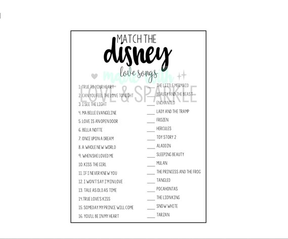 Bridal Shower Disney Love Songs Bridal Shower Printable Etsy
