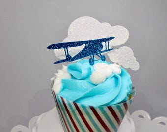12 ct. Airplane & Cloud Cupcake Toppers - Time Flies Cupcake Toppers - First Birthday Party - Baby Shower - Birthday Party - Airplane Party