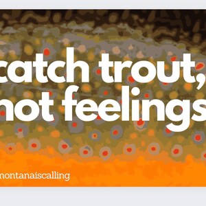 May include: A white text graphic on a brown and orange background with a pattern of spots. The text reads "catch trout, not feelings." The text "@montanaaiscalling" is at the bottom of the graphic.