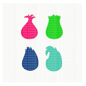 May include: Four different colored fabric shapes in the form of a pouch or bag. The shapes are red, green, blue, and teal.