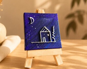 Mini Canvas Starry Sky House Cottage, Small Painting, Hand-Painted Painting, Painting on Canvas, 3D Quilling Art, Gift Idea for Him/Her