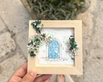 Apulian Blue Door Painting in 3D quilling and watercolor, Mediterranean flower door, 12x12 wooden frame, Puglia gift