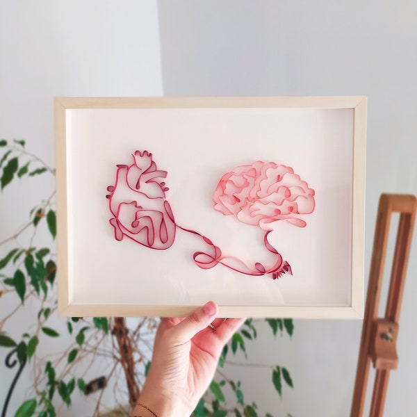 Image de coeur anatomique, cerveau anatomique, cadre en bois, Art 3D Quilling, psychologie, Cupidon et Psyché, cadeau pour lui/elle, Saint Valentin