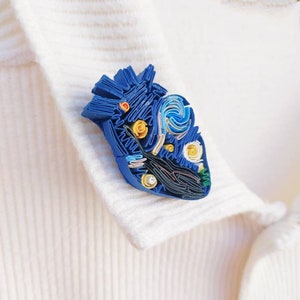 3D Paper Quilling Heart Brooch Pin, Van Gogh Art Jewelry, Handcrafted Brooch, One of a Kind Brooch, 3D Paper Art, Art Quilling