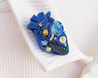 3D Paper Quilling Heart Brooch Pin, Van Gogh Art Jewelry, Handcrafted Brooch, One of a Kind Brooch, 3D Paper Art, Art Quilling