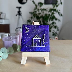 Mini-Leinwand-Sternenhimmel-Haus, kleines Gemälde, handgemaltes Bild, Gemälde auf Leinwand, 3D-Quilling-Kunst, Geschenkidee für ihn/sie