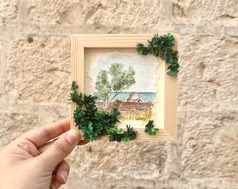 Apulian landscape painting with pajara and trullo | 3D quilling and watercolor | 12x12 wooden frame | handmade gift from Puglia