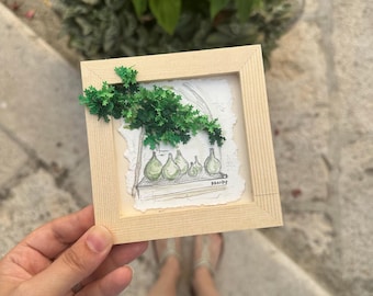 Quilling demijohn picture - Handmade paper and watercolor painting, 12 x 12 cm, wooden frame, wall decoration, Apulian craftsmanship