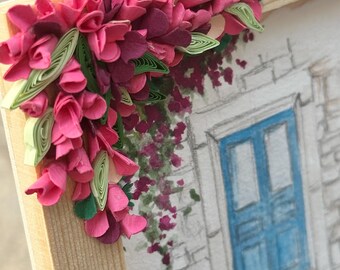 Bougainvillea and Blue Door 3D Quilling Painting, Watercolor, 12x12 Wooden Frame, Mediterranean Artisan Gift