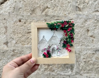 3D quilling and watercolor painting of Trulli Fioriti, Mediterranean garden, 12x12 wooden frame, gift from Puglia