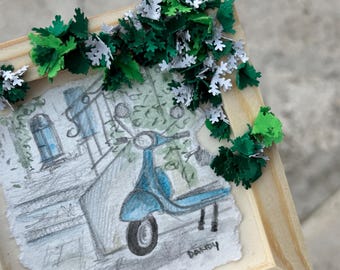 A 3D quilling and watercolor Vespa painting from Puglia, a vintage Italian car, a 12x12 wooden frame, a vintage Made in Italy gift.