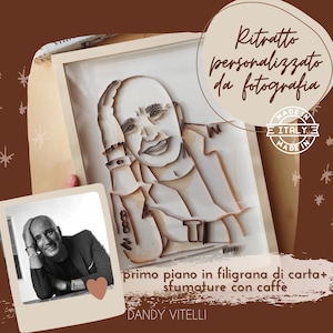 Ritratto primo piano Personalizzato da fotografia in filigrana di carta quilling, ombre dipinte con caffè regalo speciale