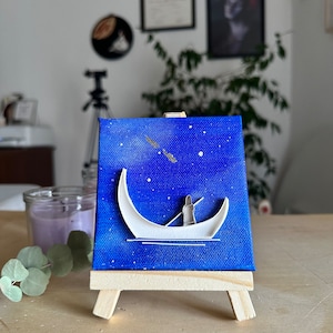 Mini Tela Cielo Stellato luna, Quadro Piccolo, Quadretto Dipinto a Mano, Dipinto su Tela, Quilling Art 3D, Idea regalo per lui/lei