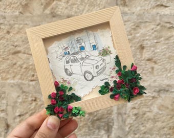 Fiat 500 Puglia painting in 3D quilling and watercolor, Italian vintage car, 12x12 wooden frame, Made in Italy vintage gift