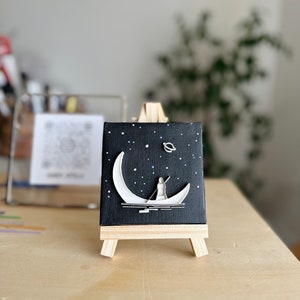Mini-Leinwand-Sternenhimmel-Mond, kleines Bild, handgemaltes Bild, Gemälde auf Leinwand, 3D-Quilling-Kunst, Geschenkidee für Sie/Ihn