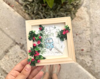 Ape Car Puglia painting in 3D quilling and watercolor, 12x12 wooden frame, handmade gift Made in Italy