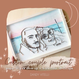 Ritratto personalizzato coppia in filigrana di carta quilling paesaggio ad acquerello,arte da fotografia, ritratto da fotografia con cornice