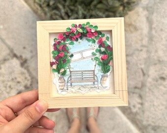3D quilling and watercolor painting of a flowered bench, romantic garden, 12x12 wooden frame, handmade gift
