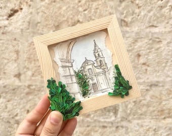 Apulian Church painting in 3D quilling and watercolor, Mediterranean village, 12x12 wooden frame, handmade gift