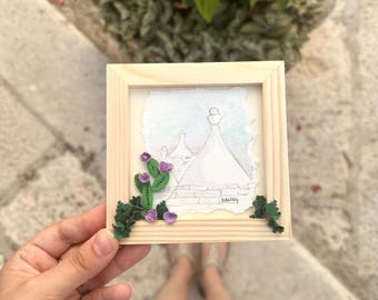 Trulli Puglia painting in 3D quilling and watercolor, Alberobello, 12x12 wooden frame, handmade gift Made in Italy