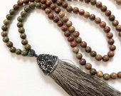 Long bead colorful necklace, lush tassel bead necklace, gray tassel necklace, bead necklace pave tassel, bronze green long necklace,
