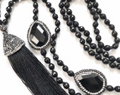 long black boho necklace,long beaded black necklace, black tassel beads necklace, bead necklace pave tassel, black necklace, gift necklace