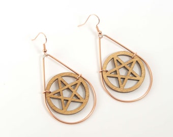 Pentagram Wooden Teardrop Earrings in Brass Frame