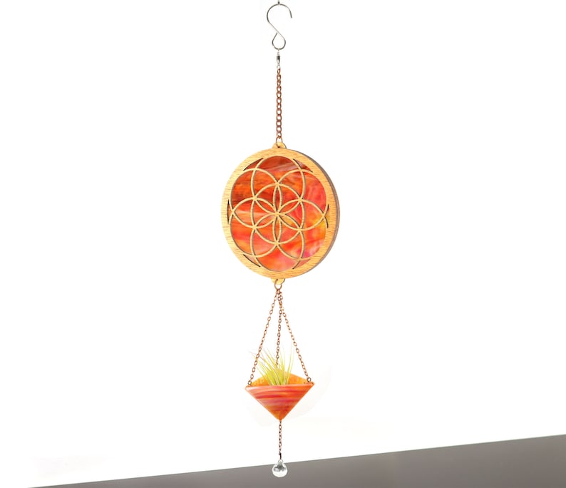 Seed of Life Stained Glass Plant Hanger Red Mixed Opal
