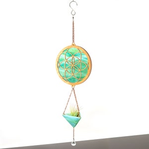 Seed of Life Stained Glass Plant Hanger Aqua Mixed Opal