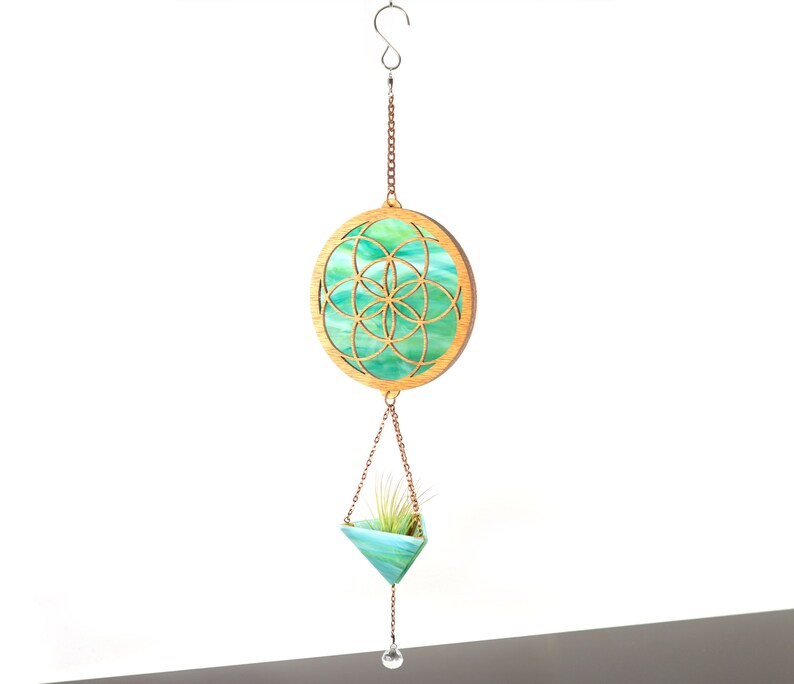 Seed of Life Stained Glass Plant Hanger Aqua Mixed Opal