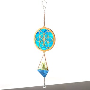 Seed of Life Stained Glass Plant Hanger Blue Wisp