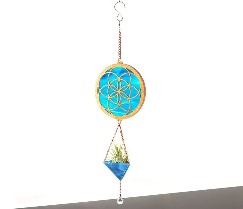 Seed of Life Stained Glass Plant Hanger Blue Wisp