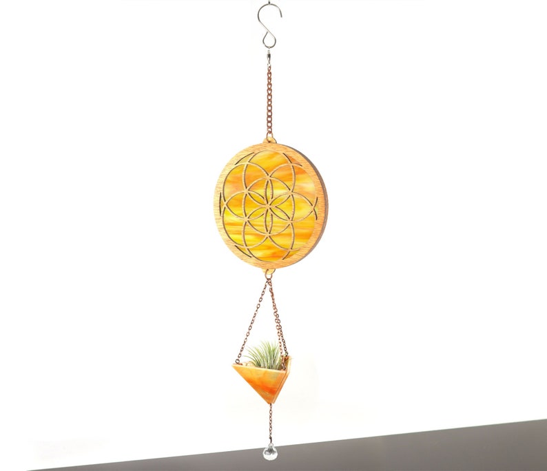 Seed of Life Stained Glass Plant Hanger Orange Mixed Opal