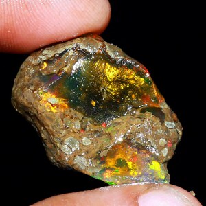 May include: A rough, natural opal gemstone with a vibrant yellow, green, and red iridescent sheen. The opal is embedded in a brown matrix.