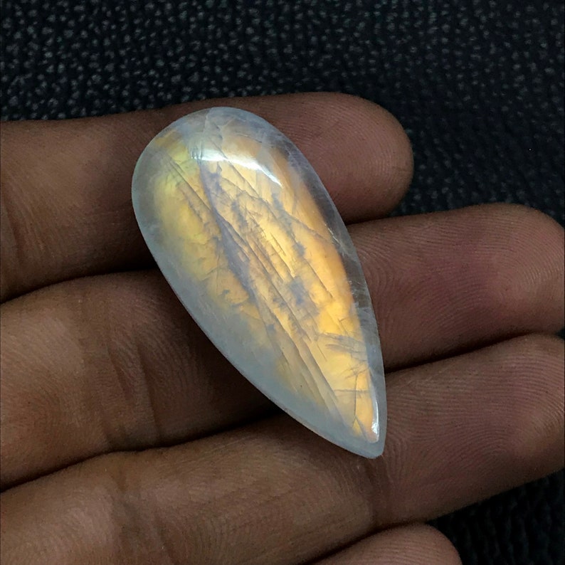 100/% Natural Pear Shape Rainbow Moonstone Loose Gemstone Quality Yellow Falshy Rainbow Moonstone Cabochon Rare AAA Size 41*19*8mm 52Cts