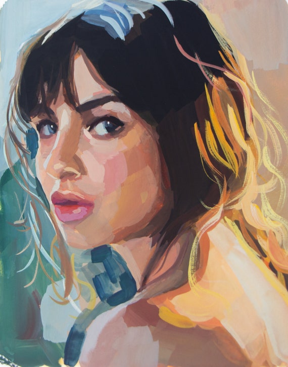 ORIGINAL Gouache Female Painting Colorful Portrait Living Etsy