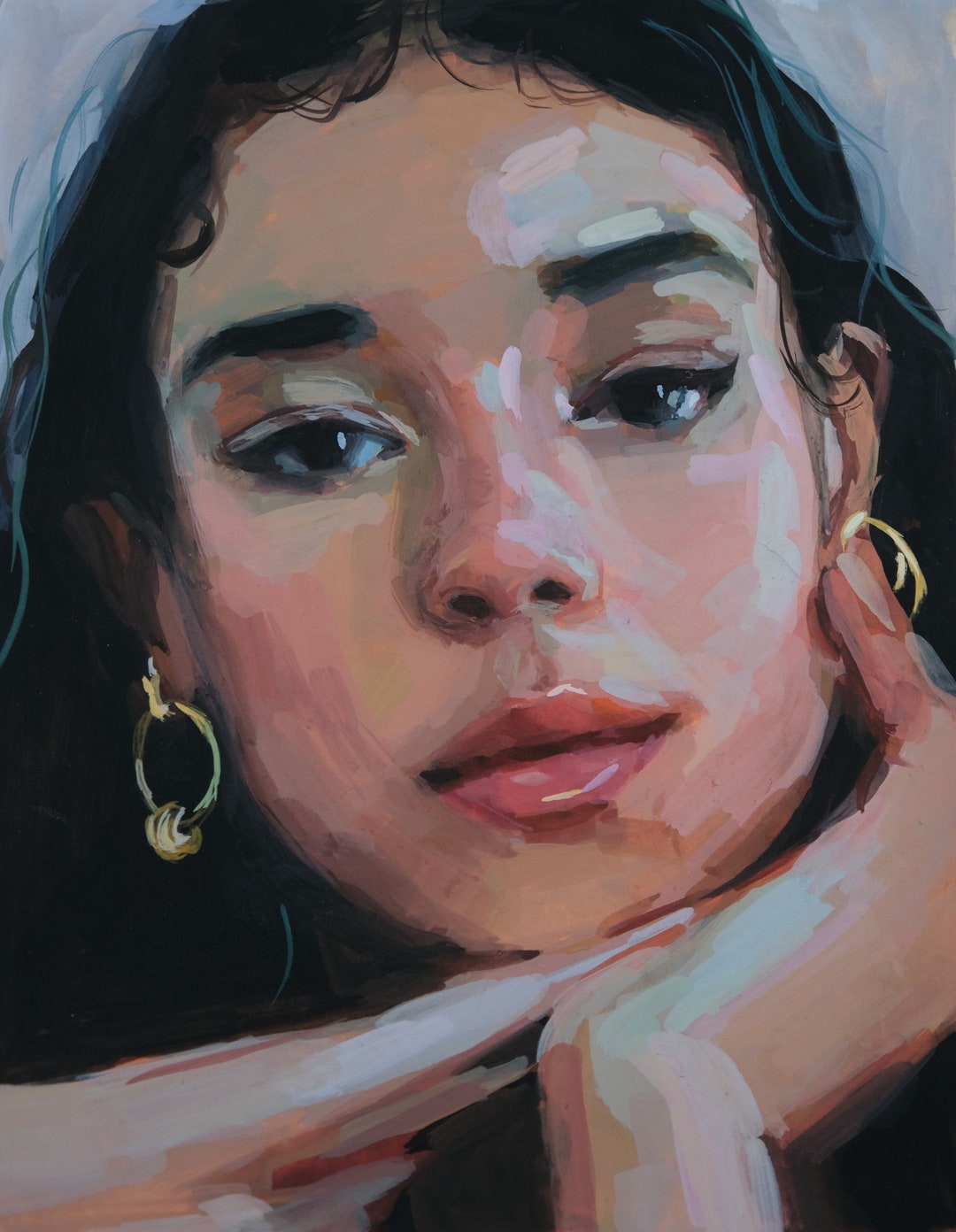 ORIGINAL Gouache Female Painting Colorful Portrait Living Etsy