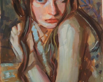 ORIGINAL Gouache female painting, colorful portrait , living room decor, woman abstract art, acrylic painting,minimalist female art