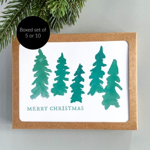 Boxed Set of 5 or 10 Watercolor Christmas Tree Cards | Minimal Watercolor Holiday Cards | Boxed Christmas Card Pack