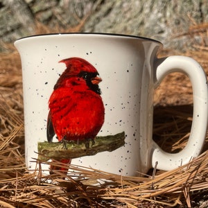 13 Unzen Kardinal gesprenkelte Keramik Camping Becher | Kardinal Becher | Vogel Geschenk | Weihnachtsgeschenk | Kardinal Tasse | Kardinal Geschenk | Kardinales Kunstwerk