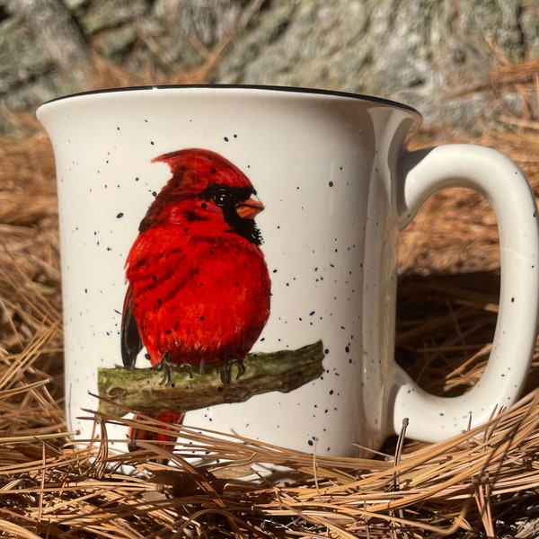 13 oz Cardinal Speckled Ceramic Camping Mug  | Cardinal Mug | Bird Gift | Christmas Gift | Cardinal cup | Cardinal Gift | Cardinal artwork