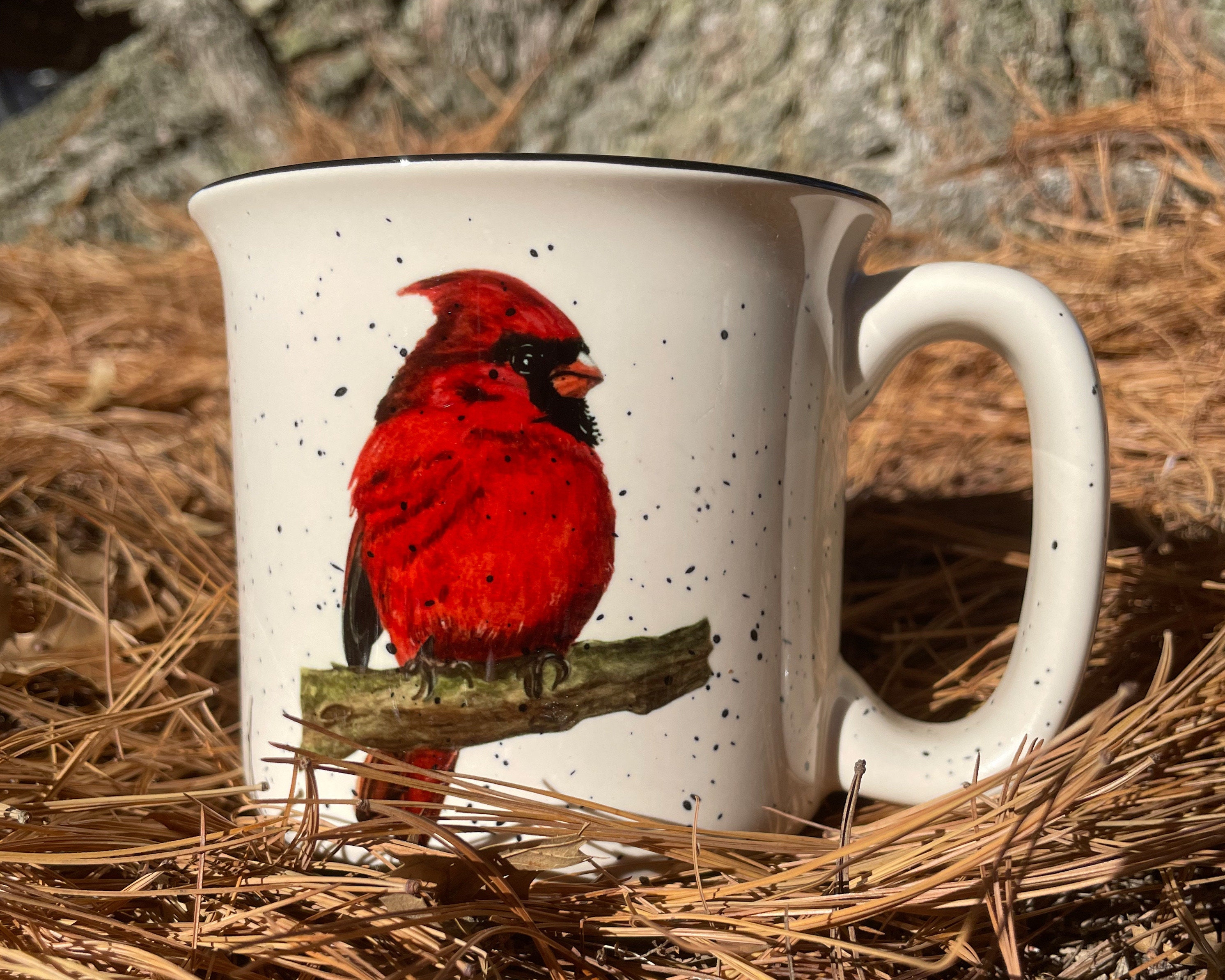 Cardinal Speckled Ceramic Camping Mug: Watercolor Bird Art