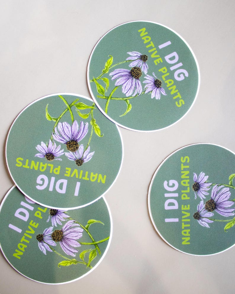 May include: Four round stickers with a green background and the text "I DIG NATIVE PLANTS" in white and green. Each sticker features a watercolor illustration of purple coneflowers with green stems and leaves.