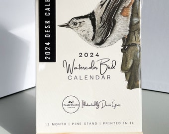 2024 Mini Desk Calendar | Watercolor Bird Desk Calendar| 12 month calendar | Mini 4x6 Calendar with Stand | Gift for Office | 12 Month Bird