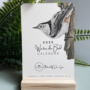 Calendário de mesa Mini 2025 | Calendário de mesa de pássaro aquarela | Calendário de 12 meses | Mini calendário 4x6 com suporte | Presente para escritório | Pássaro de 12 meses