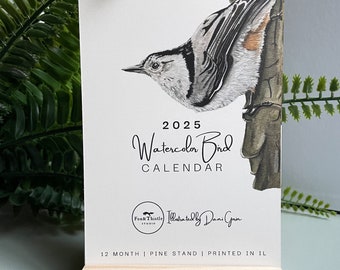 Watercolor Bird Mini Desk Calendar 2025-26 with Stand