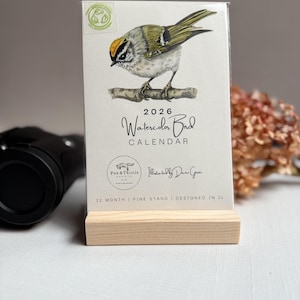 Può includere: Calendario 2026 Watercolor Bird con un'illustrazione di un uccello su un ramo, presentato su un supporto in legno. Il calendario include il testo "Watercolor Bird Calendar" e il nome dello studio "Fox & Thistle". Il supporto è in legno naturale.