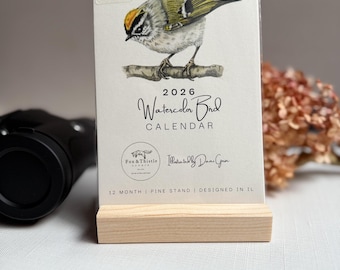 Nuevo calendario de escritorio de acuarela con pájaros 2026: Mini calendario artístico de 4x6 con 12 pájaros
